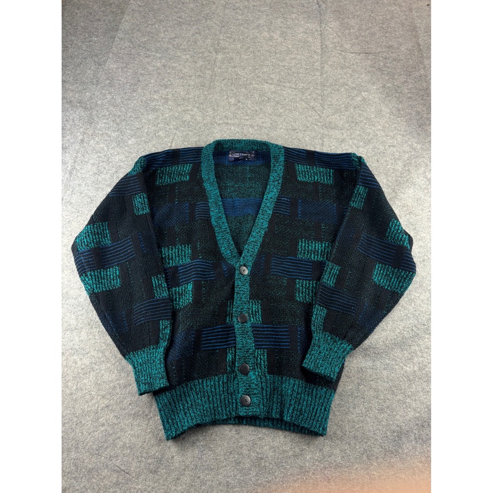 Vintage Barnaby Mens L Cardigan Sweater Geometric Teal Blue Black Knit Retro